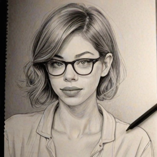 Gorgeous Analeigh Tipton, pencil sketch, portrait of Lovely woman 1956s in glasses, hair style beatnik, outline, clear lines, fine lines, 8k