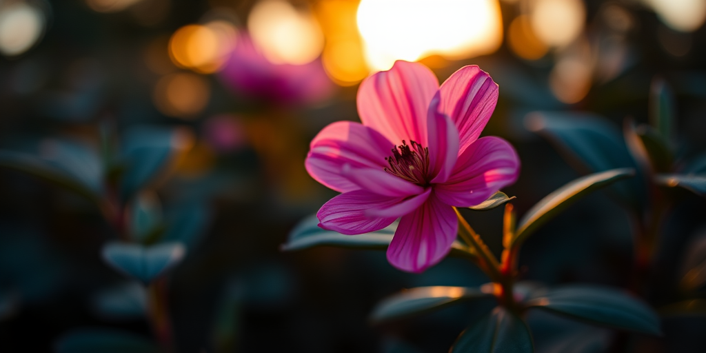 Capture a macro shot of a single pink flower surrounded by blurred dark foliage, using a DSLR camera with a 100mm f/2.8 lens, aperture set to f/2.8, ISO 100, shutter speed 1/200s, golden hour lighting for soft focus and enhanced color vibrancy.