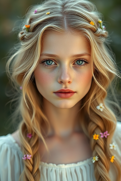 Create an image of a young woman with long, wavy blonde hair, adorned with small, colorful flowers woven into her braids and loose strands. Her complexion is fair, with soft, glowing skin, and she has light blue eyes that gaze softly at the viewer. She wears a light, flowing dress with a gentle, ethereal quality, complementing her delicate and serene appearance. The background is slightly blurred, drawing focus to her tranquil expression and the intricate details of the flowers in her hair. The overall mood of the image is one of natural beauty and grace, evoking a sense of peacefulness and connection with nature.