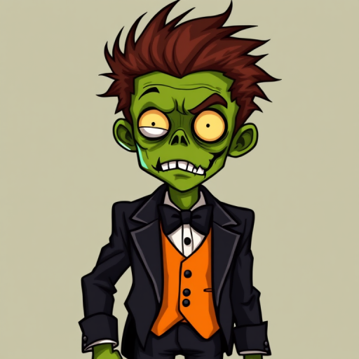 Regenerate a cartoon-style zombie character with exaggerated features, vibrant green skin, wild hair, wearing a tuxedo with an orange belt, against a simple background; use a DSLR camera with a 50mm lens, f/1.8 aperture, ISO 100, and soft focus lighting for enhanced detail and color vibrancy.
