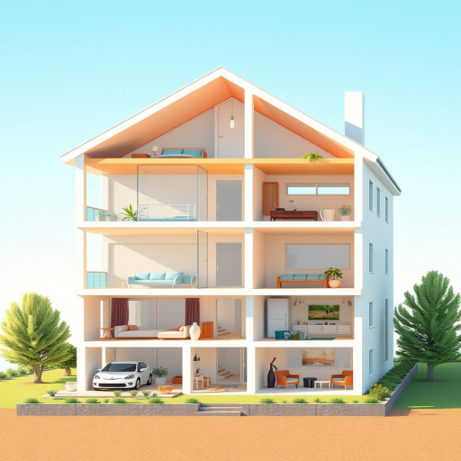 Create a detailed illustration of a modern, multi-story house cutaway view showcasing different rooms and sections, in a bright, minimalist style with clear, vibrant colors; use a Canon EOS R5 camera with a 24mm lens, aperture set to f/8 for enhanced depth of field, captured from a slightly elevated angle to provide a comprehensive layout of the interior and exterior, ensuring high resolution for crisp details.