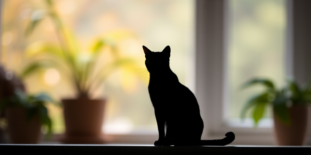 Generate a high-quality image of a unique black silhouette of a cat with a sleek design, using a DSLR camera at 50mm focal length, aperture set to f/1.8 for a soft background blur, ISO 100 for minimal noise, and a natural light source for balanced exposure.