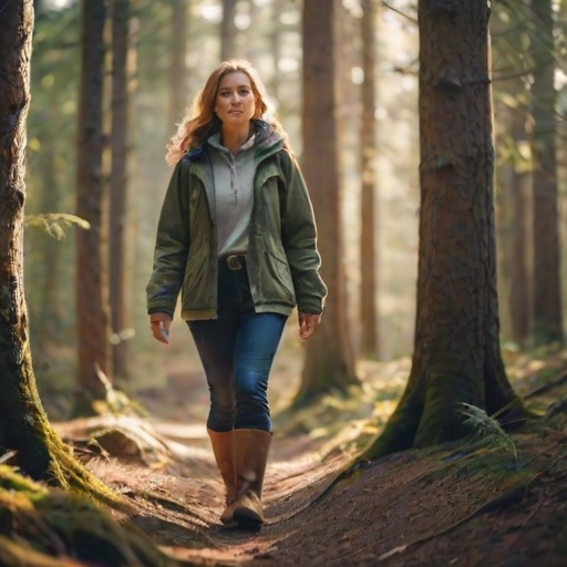 Soft-focus image of a woman hiking through a forest, wearing a cozy jacket and sturdy boots, with soft beams of light filtering through the trees creating a magical atmosphere.