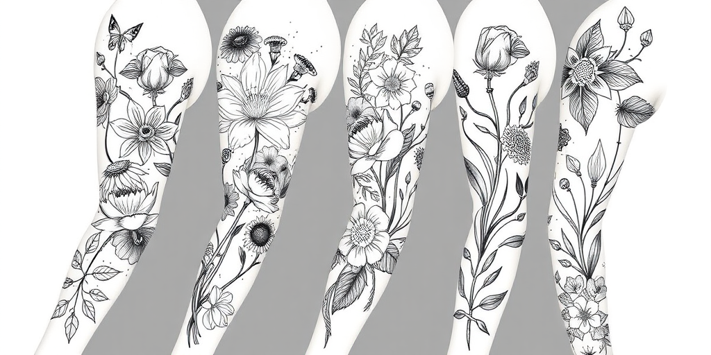 Botanical blackwork tattoo sleeve, showcasing intricate floral and plant designs with varying line weights and negative space to create depth and visual interest