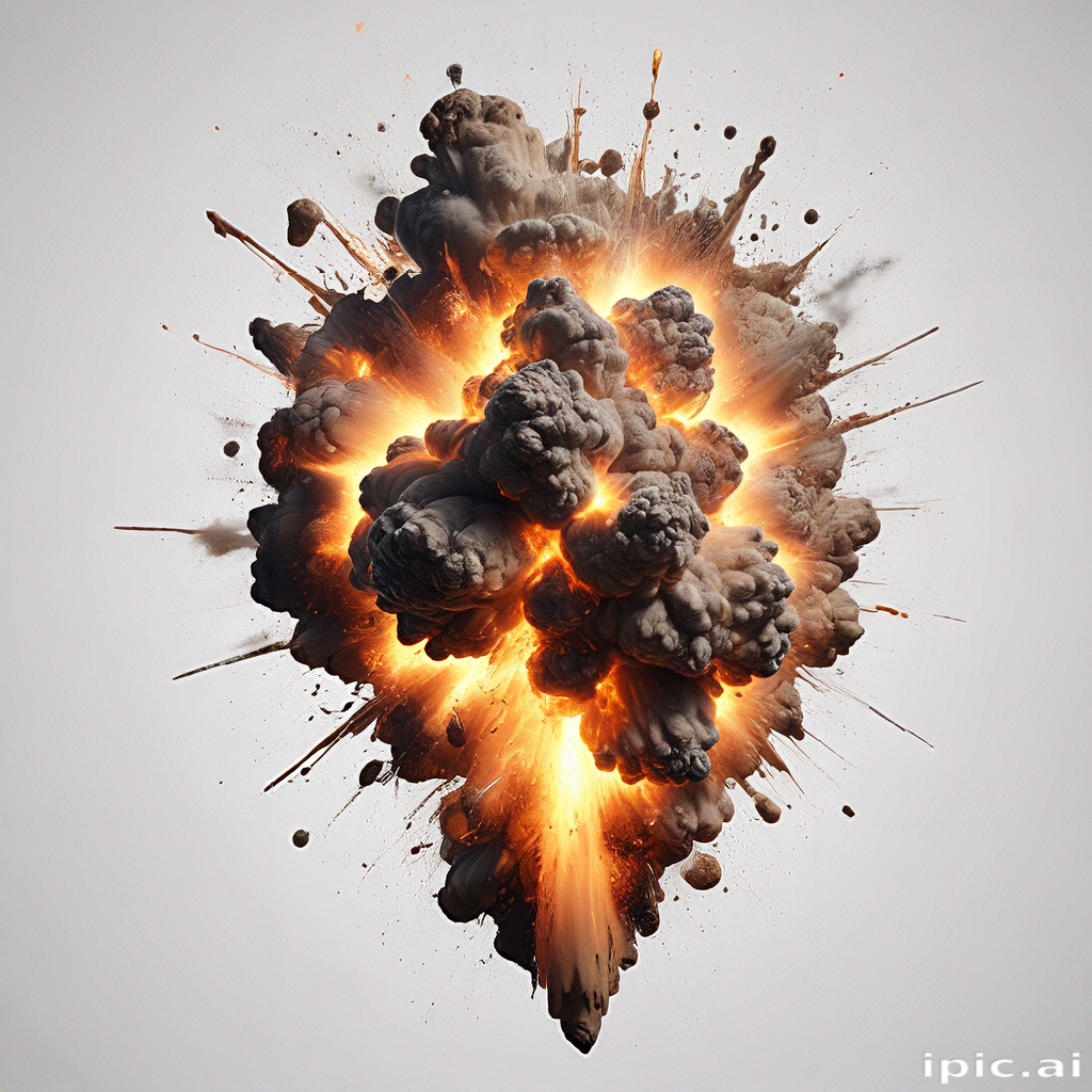 Dynamic Explosion with Fiery Flames and Billowing Smoke Clouds in Midair