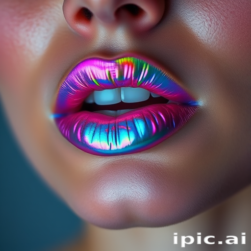 Holographic iridescent woman lips shifting colors in the light, showcasing futuristic and innovative makeup artistry