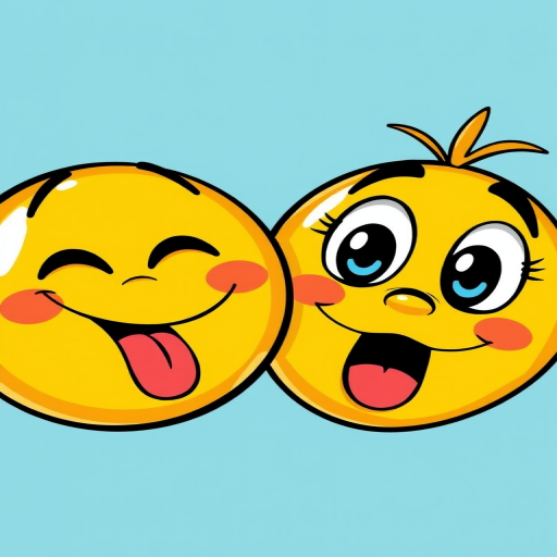 Create an image featuring two distinct cartoonish yellow smiley faces: one with a playful expression and tongue out, and the other with wide eyes and an open mouth, using a Canon EOS R5 with a 50mm lens, aperture set to f/1.8, ISO 100, shot from a frontal perspective in a vibrant and colorful illustration style.