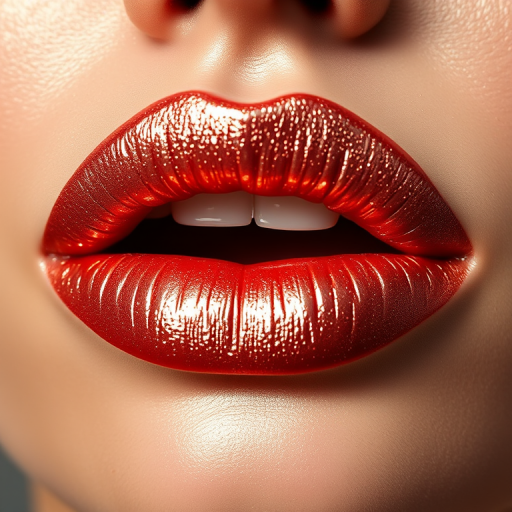 Shimmering rose gold lips glisten with metallic sheen, reflecting light in a mesmerizing display of luxury and sophistication, perfect for glamorous close-up shots