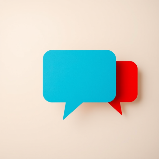 Create an image featuring two stylized speech bubbles, one in red and one in blue, with question marks inside, set against a soft, beige background, capturing the scene with a Canon EOS R5 at f/4, 1/100s, ISO 200, in a clean and minimalistic style.