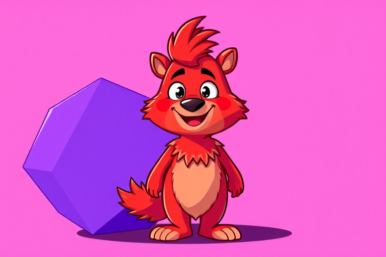 Create a vibrant cartoon character of a red furry creature with a cheerful expression, standing next to a purple geometric shape, in a high-resolution vector style, using a digital camera with a 35mm lens at f/8, ISO 100, shot from an eye-level perspective to enhance detail and color saturation.