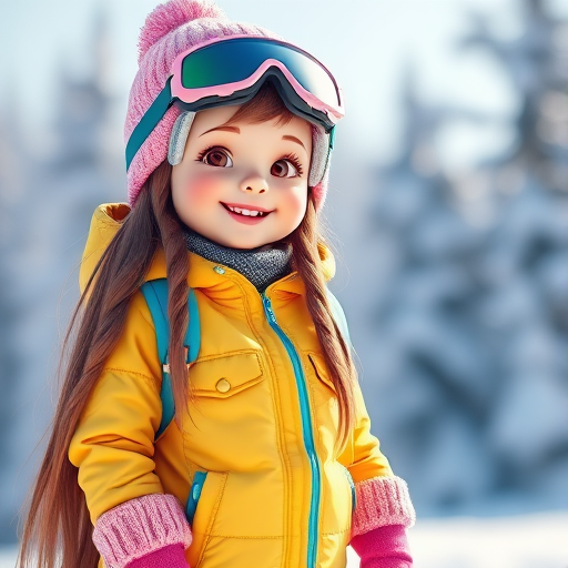Create a 3D render of a cheerful girl with long brown hair wearing a pink beanie and ski goggles, dressed in a yellow jacket and blue pants, standing on a snowboard, with a snowy background, captured with a DSLR camera at f/2.8, ISO 100, 50mm lens, 1/200s shutter speed, in bright daylight.