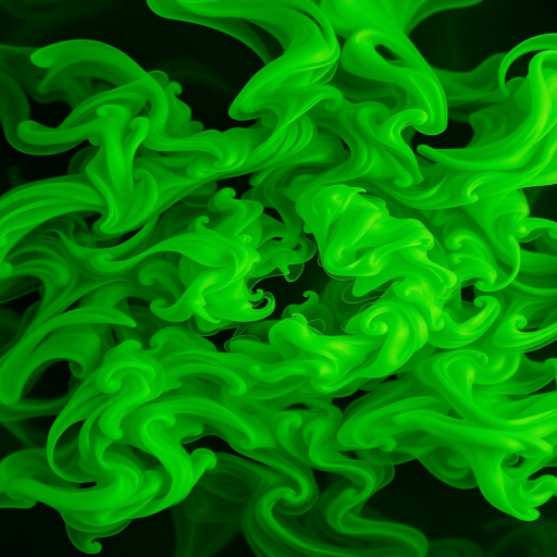 Regenerate an abstract image of swirling green smoke within a circular fractal pattern, using a Canon EOS R5, f/8 aperture, ISO 100, 50mm lens, HDR photography style, and top-down view to enhance image clarity and detail.