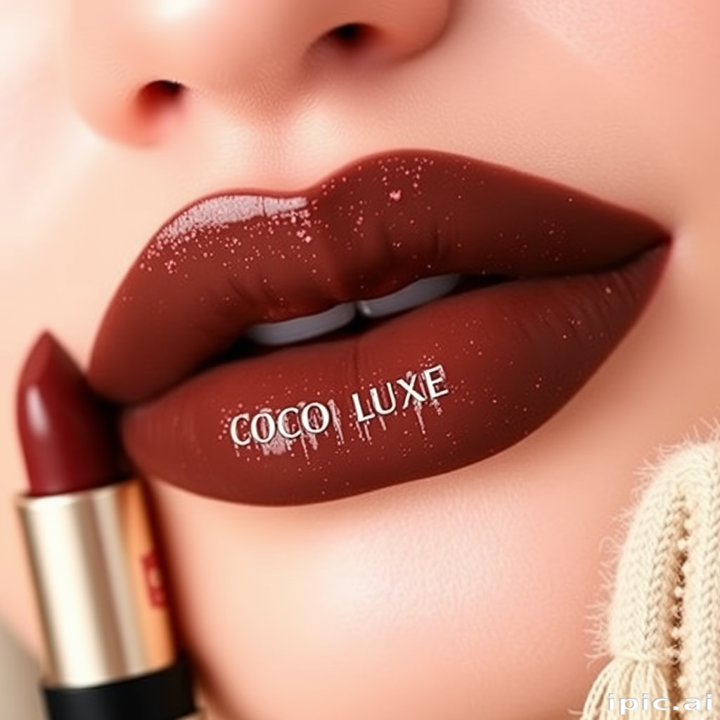 Rich chocolate brown lips with rose gold highlights, called "Cocoa Luxe," boast a creamy texture and moisturizing properties, ideal for fall fashion and cozy winter gatherings