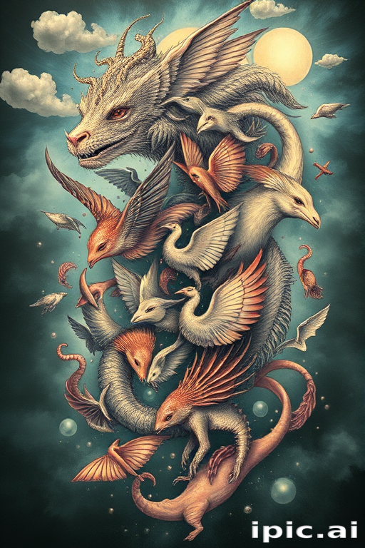 Surrealist "Dreamscape Menagerie" tattoo concept merging various animals and fantastical creatures in impossible combinations with fluid transitions and ethereal elements perfect for large-scale body art