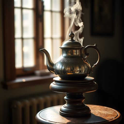 a vintage teapot steaming on a wooden pedestal with natural light streaming in from a window, soft focus background, shot with a DSLR camera, 50mm lens, f/1.8 aperture, ISO 200, 1/125 sec shutter speed, taken from a slightly elevated angle to capture details and ambiance.