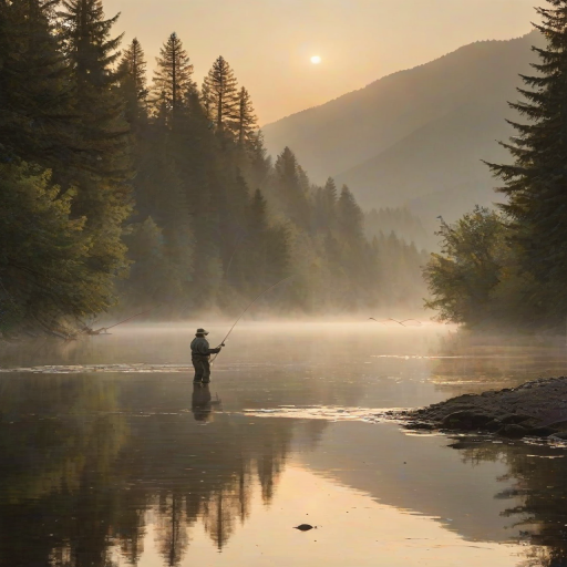 Sharp, high-resolution photo of a fisherman casting a line into a river at dawn, soft mist rising from the water, sunlight glinting off the surface, distant mountains and trees reflected in the water, the sound of birds chirping and the gentle splash of water filling the air.