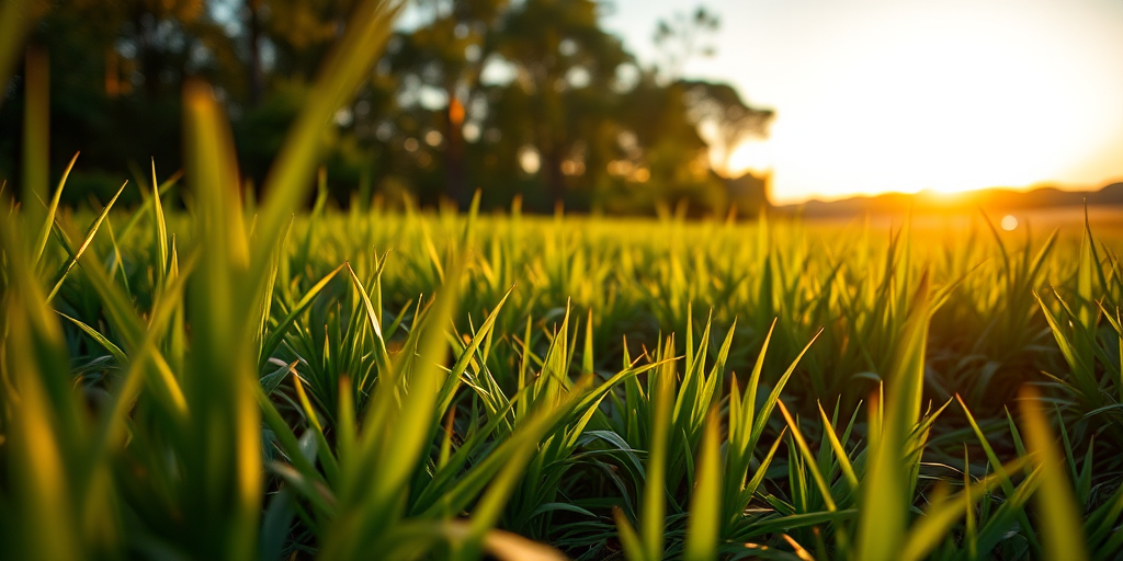 Create a high-resolution image of a lush green landscape during golden hour, captured with a DSLR camera, 50mm lens, f/1.8 aperture, ISO 100, at a low angle view to accentuate the foreground details.