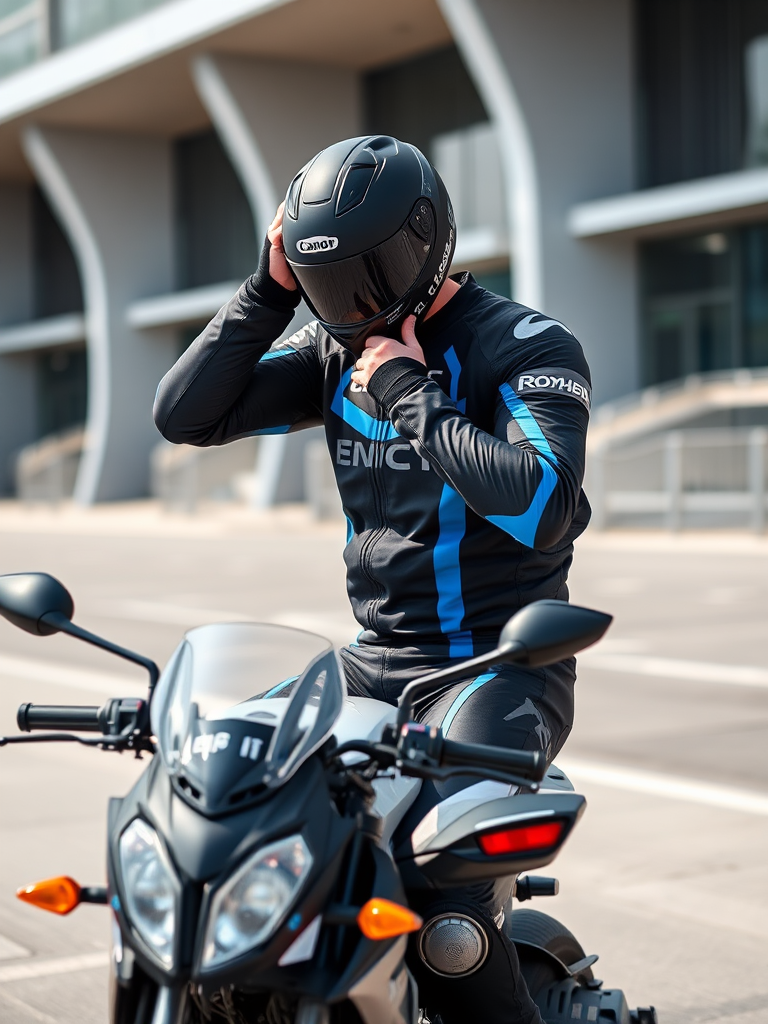 A biker in a sleek black and blue racing suit adjusts his gear while sitting on a motorcycle in front of a modern building, shot with a Canon EOS R5, 50mm lens, f/1.8, ISO 100, with a shallow depth of field and natural lighting to enhance colors and details.