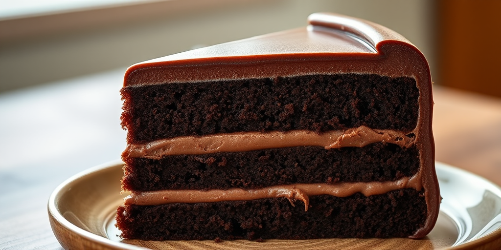 Create a realistic image of a slice of chocolate cake with three layers, focusing on rich textures and glossy frosting, shot with a DSLR camera, 50mm lens, aperture f/2.8, ISO 100, natural soft lighting from the side.
