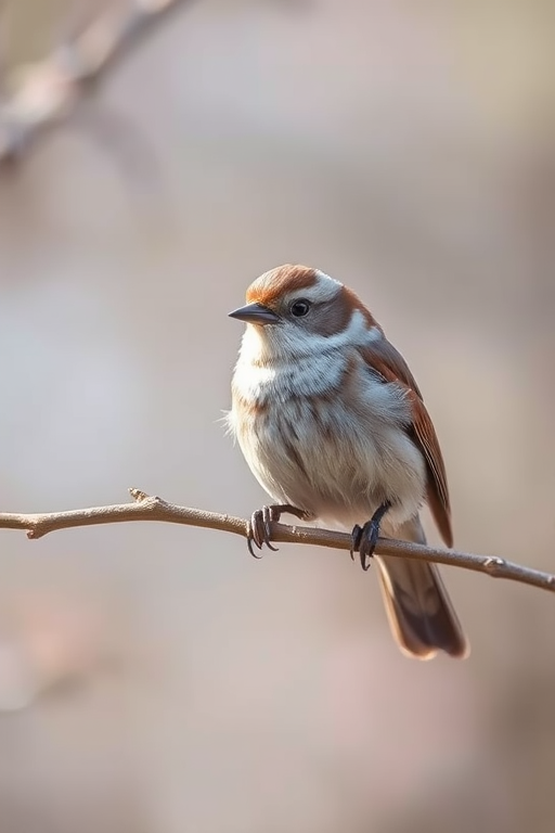 capture a clear close-up of a bird perched on a branch with a shallow depth of field, natural light, ISO 400, f/2.8 aperture, 1/250 second shutter speed, focus on the bird, DSLR camera, 85mm lens, slight vignette for emphasis on the subject, background softly blurred