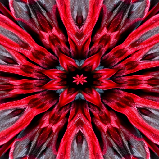 high-resolution image of a symmetrical floral pattern with red and gray colors, close-up view, macro lens, f/2.8 aperture, 50mm lens, natural light