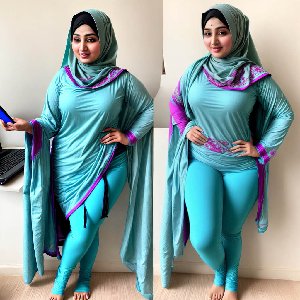 Free Ai Image Generator - High Quality and 100% Unique Images -  —  Hijabi Chubby Curvaceous Pakistani Women "Sonali Khan Mujra" on  computer online learning in a digital environment FITTED leggings
