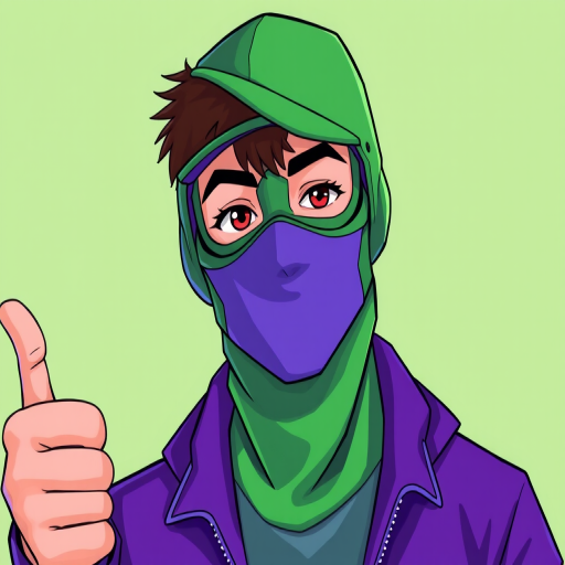 Create an illustration of a person wearing a green mask and a purple jacket with a slight thumbs up gesture, using a digital art style with high resolution, front view, soft lighting, and a focus on vibrant color contrast.