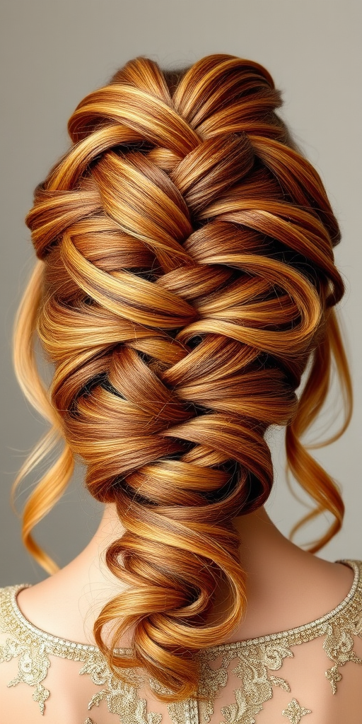 Regal hair style displaying a braided crown updo incorporating multiple shades of warm caramel and toffee blonde highlights