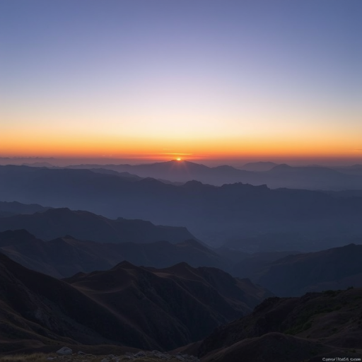 Capture a serene landscape of layered mountains at sunset with soft gradients in the sky, using a Canon EOS R5, 24-70mm lens at f/8, ISO 100, 1/60s exposure, taken from a high vantage point to enhance depth and detail in the scene.