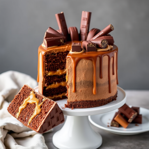 Chocolate cake with layers filled with caramel and frosting topped with chocolate bars and drizzled with caramel sauce on a white pedestal cake stand with a slice removed and served on a plate.