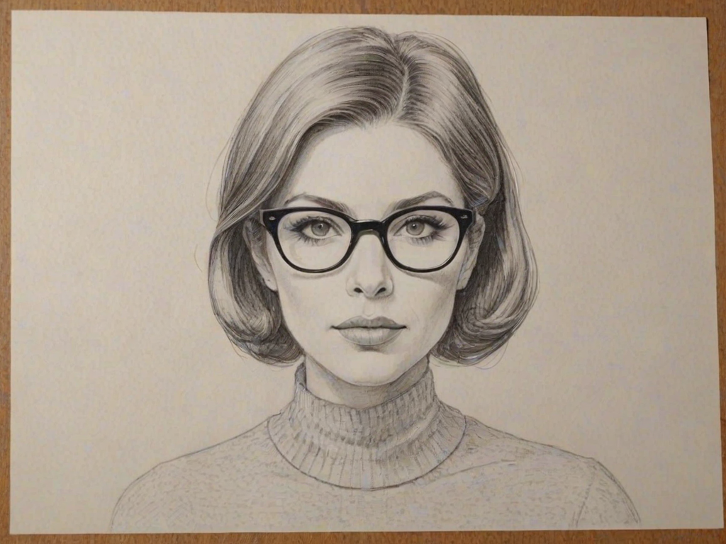 Sublime Michele Trachtenberg, pencil sketch, portrait of Pleasing woman 1966s in glasses, hair style beatnik, outline, clear lines, fine lines, 8k