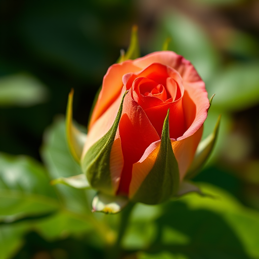 close-up of a rosebud surrounded by green leaves, shallow depth of field, f/2.8 aperture, ISO 100, 50mm lens, soft natural lighting, taken with a DSLR camera