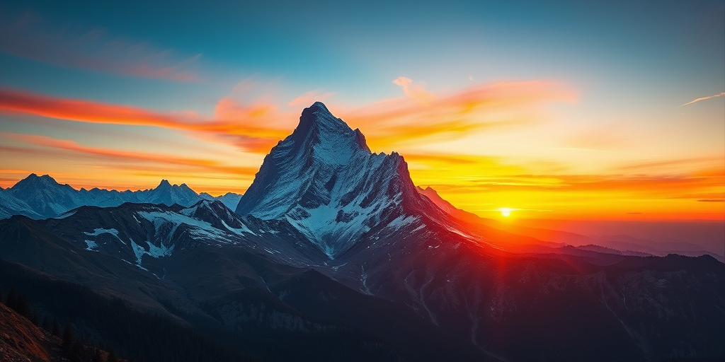 Create a high-resolution digital artwork of a majestic mountain landscape during sunrise with vibrant colors, captured with a Canon EOS R5 at f/8, ISO 100, 1/200s, using a wide-angle lens from a low angle to emphasize the foreground, ensuring sharp details and an enhanced dynamic range.