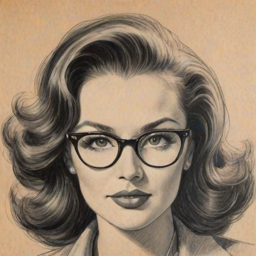 Beauteous Jacklyn Zeman, pencil sketch, portrait of Charming woman 1945s in glasses, hair style beatnik, outline, clear lines, fine lines, 8k