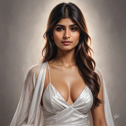 mia khalifa, digital painting,  digital illustration,  stunning girl, make up , white silk dress extreme detail,  digital art,  4k,  ultra hd