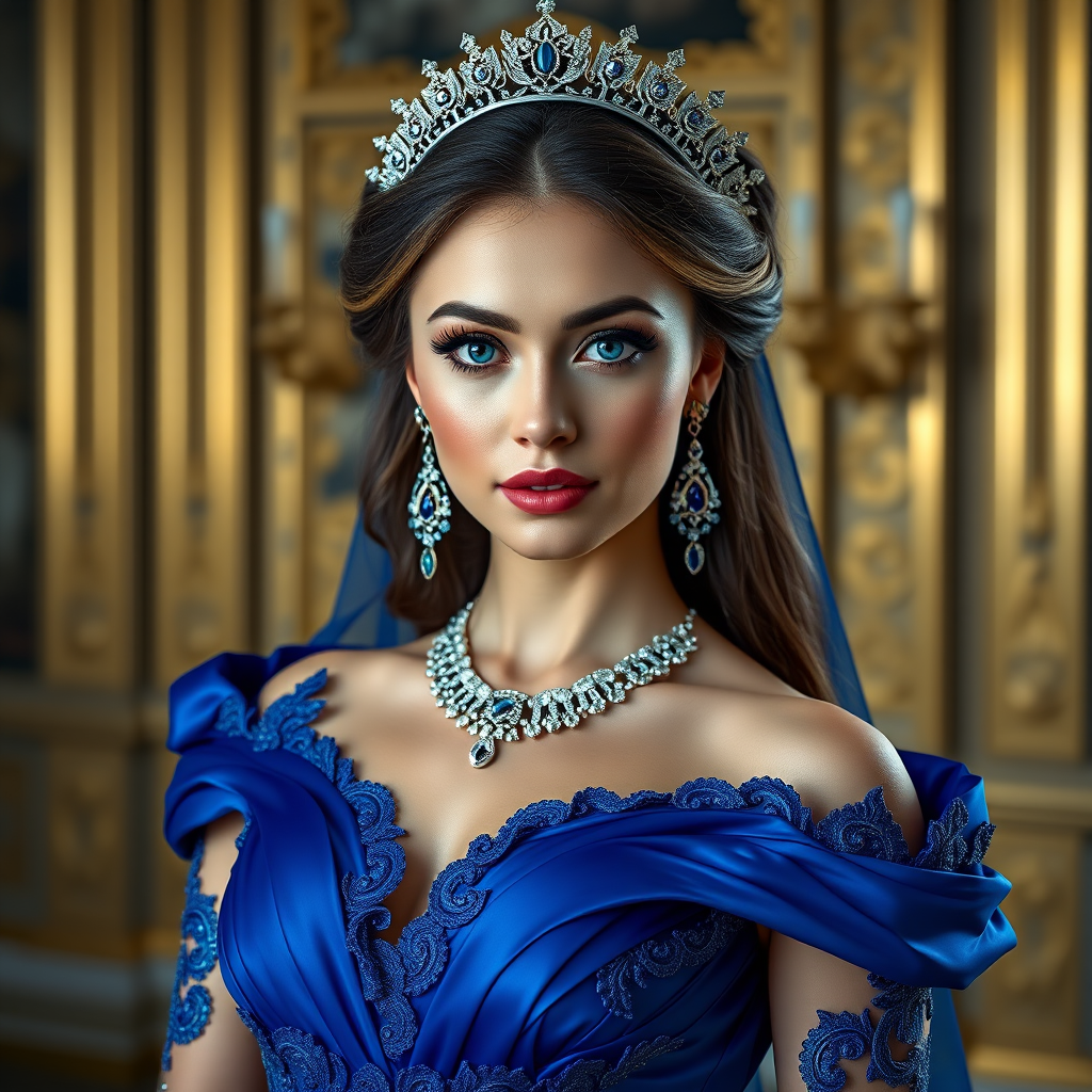 A gorgeous Kazakh woman in a luxurious blue gown, accessorized with a dazzling tiara and statement earrings, her deep blue eyes highlighted by impeccable makeup, poised in a royal setting, photorealistic, 8K quality