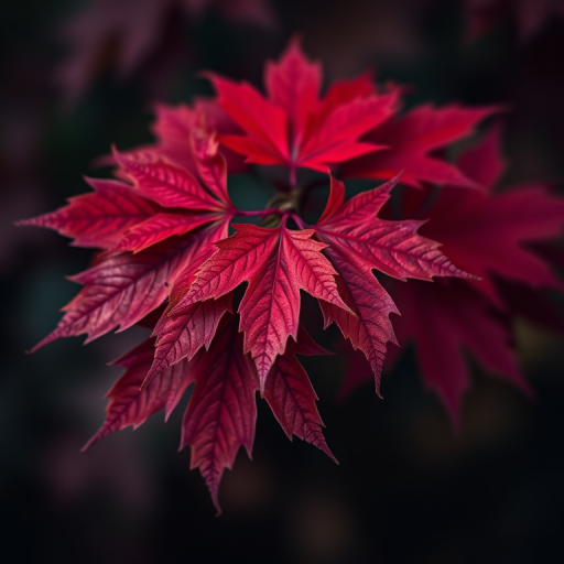 Create an abstract image of overlapping red maple leaves on a dark background with a bokeh effect, using a DSLR camera at f/2.8, 50mm lens, ISO 100, and a shallow depth of field to enhance colors and details.