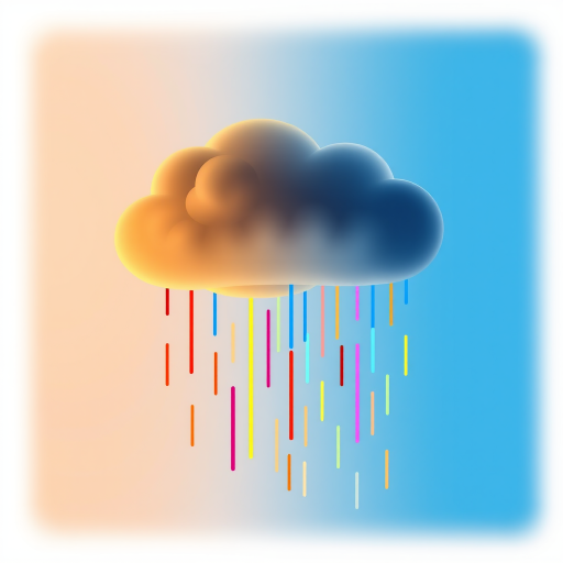 Create a high-resolution digital illustration of a stylized cloud with gradient colors transitioning from brown to blue, with vibrant, colorful vertical rain streaks, captured using a DSLR camera at f/8, ISO 100, 1/125s with a 50mm lens from a slightly elevated angle, using a soft focus background for enhanced clarity.