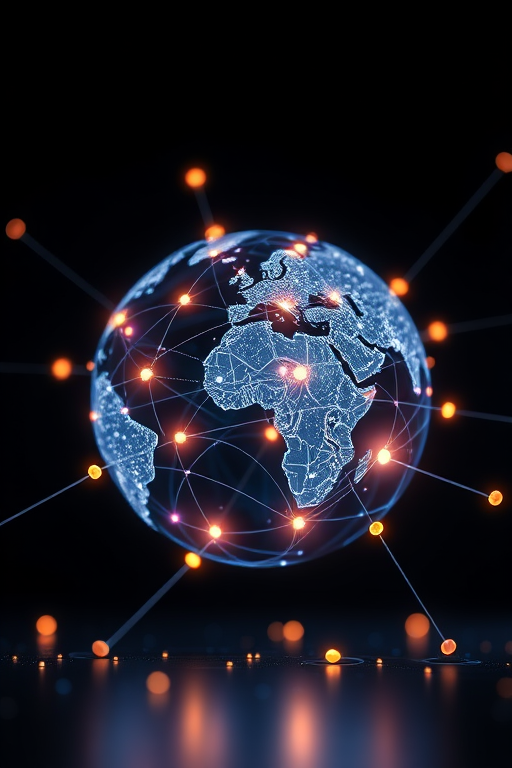 Create a digital illustration of a glowing globe connected by luminous lines and nodes against a dark background, using a high-resolution camera with a 50mm lens at f/8, ISO 100, and 1/125s exposure, in a macro photography style.