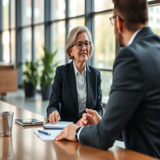 professional business meeting between an older woman in a suit and a man in an office setting with large windows, soft natural lighting, 50mm lens, f/1.8 aperture, ISO 400, shallow depth of field, high-resolution DSLR camera