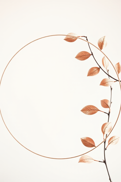 regenerate a minimalist circular frame with delicate rose gold leaves accentuating one side, use a high-resolution setting, 50mm lens, f/2.8 aperture, natural light source, DSLR camera, soft focus background