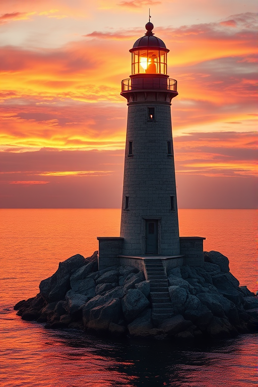 Generate an image of a tall lighthouse perched on a rocky outcrop surrounded by calm ocean waters during a breathtaking sunset. The lighthouse stands sturdy and weathered, its stone surface illuminated by the warm golden light of the setting sun. The sun's rays pass directly through the glass lantern room at the top of the lighthouse, casting a brilliant light across the scene. The sky is painted with vibrant shades of orange, pink, and purple, reflecting off the tranquil sea. The surrounding water shimmers with the same warm hues, creating a serene and majestic atmosphere.