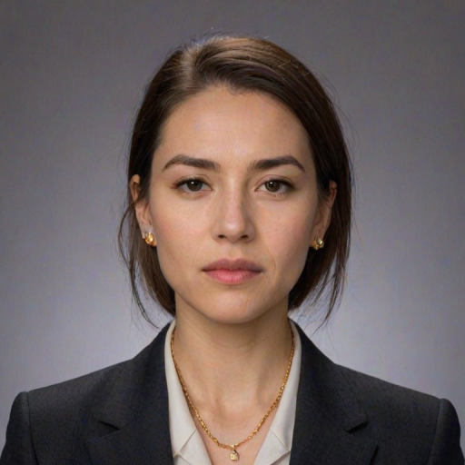 High quality passport photo of a woman wearing a suit and tie looking directly at the camera with her mouth closed and a neutral expression. She is also wearing a delicate gold chain and some understated diamond earrings.
