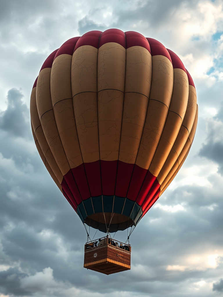 Create a high-resolution image of a vintage hot air balloon with a cracked red and gold pattern, soaring through a dramatic, cloudy sky, captured with a DSLR camera at f/8, ISO 100, 1/200s, using a 50mm lens for a sharp focus and rich details.