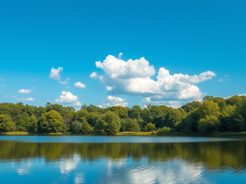 Generate a high-resolution image of a serene landscape featuring a calm lake surrounded by lush green trees and a clear blue sky with fluffy white clouds, captured with a Canon EOS R5 at f/8, ISO 100, 1/200 sec, wide-angle lens, in natural lighting.