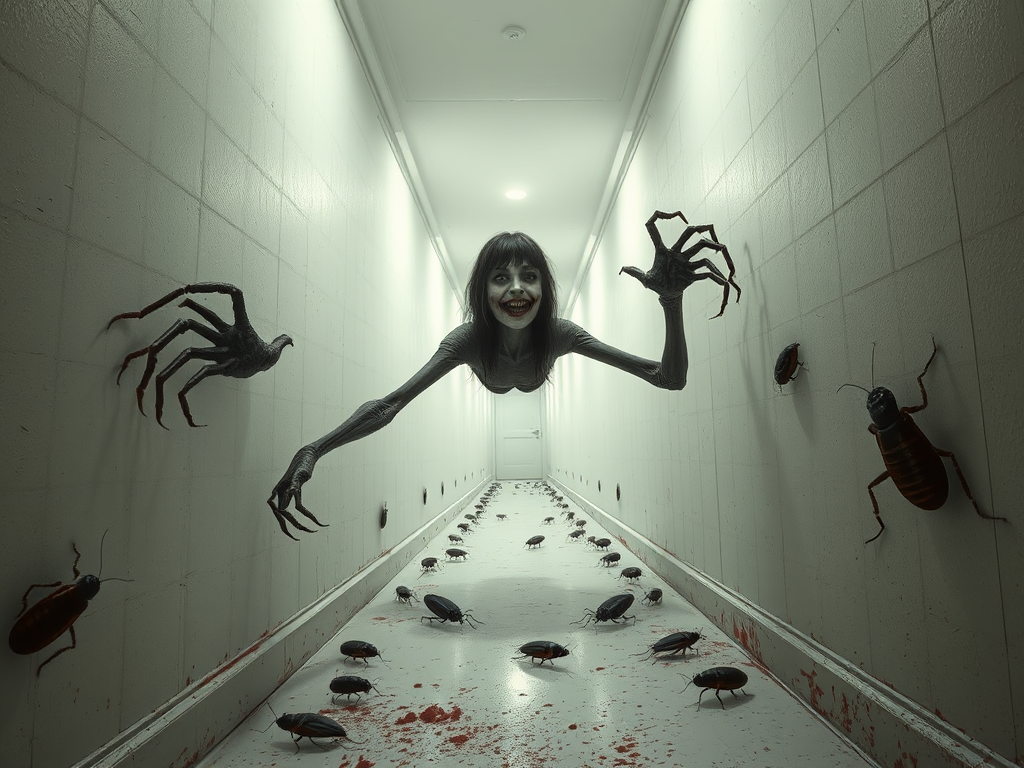 a crooked female with long arms and a creepy smile is crawling along a long white corridor and you can also see cockroaches in it there is a creepy atmosphere creepy art style