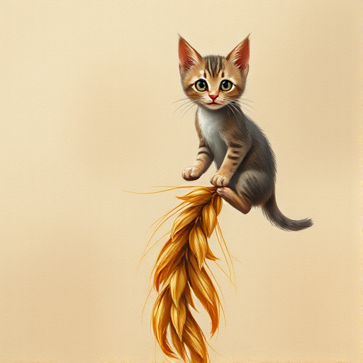 Soft, muted Alcohol Ink with ebru effect background image of tiny whimsical cat, who climbed high on the top of a golden rye ear.