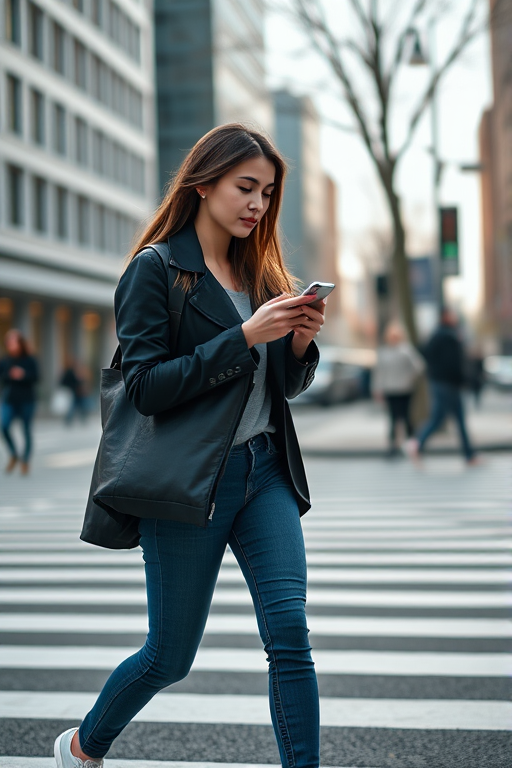 A young woman walking on a city crosswalk while using her phone, wearing a black jacket and jeans, soft natural lighting, depth of field focus, shot with a Canon EOS 5D Mark IV, 85mm lens, aperture f/2.8, ISO 200, shutter speed 1/500s.