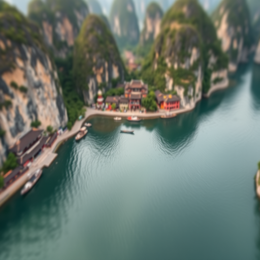 Aerial view of a serene river surrounded by limestone cliffs and traditional Chinese architecture, captured with a DSLR camera at f/8 aperture, ISO 100, 24mm lens, natural lighting, focus on landscape, with a soft bokeh effect.