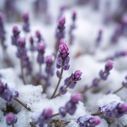 Close-up of purple heather amidst snow, shallow depth of field, ISO 100, f/2.8, 1/200s, natural light, DSLR camera.